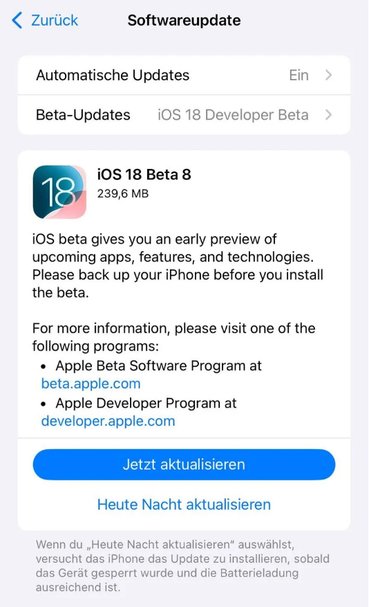 鄂温克苹果手机维修分享苹果 iOS / iPadOS 18 开发者预览版 Beta 8 发布 